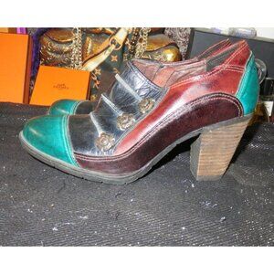 L'ARTISTE BLUEBERRY Color Block Leather Block Stack Heeled Ankle Bootie size 38